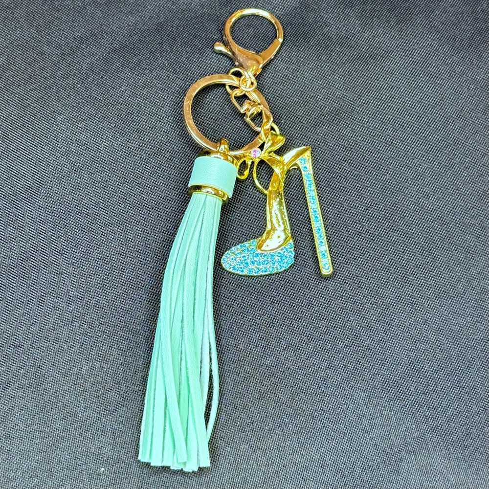 Handcrafted Elegant Gold and Crystal Heel Turquoise Keychain Accessory